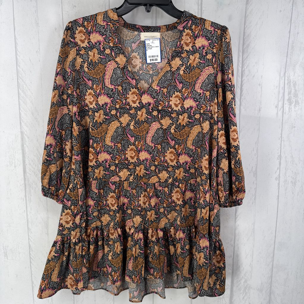 M leaf print v-neck tiered 3/4 slv tunic