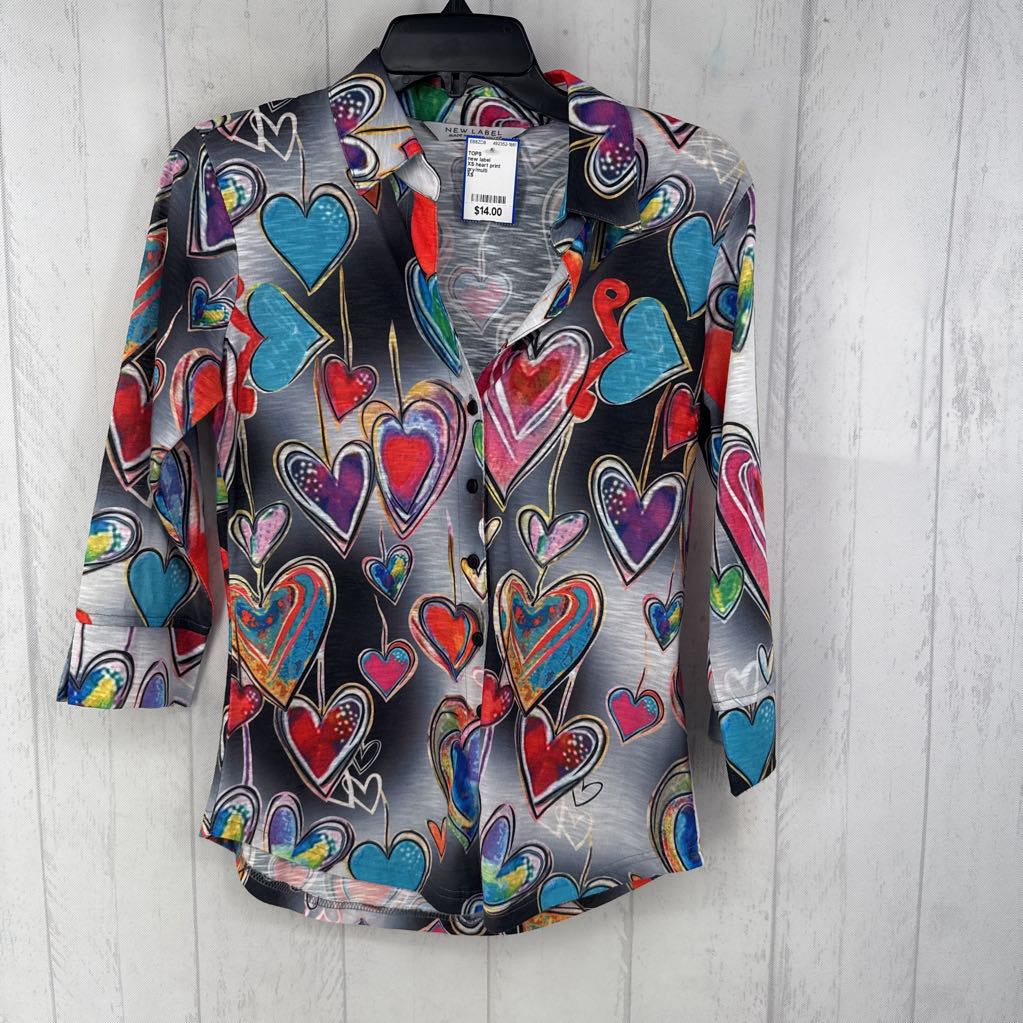 XS heart print button down 3/4 slv top