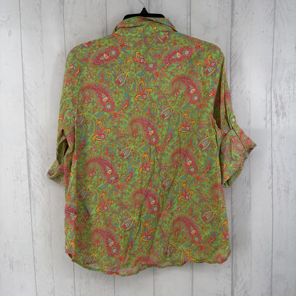 R89 L flo print button down tab slv top