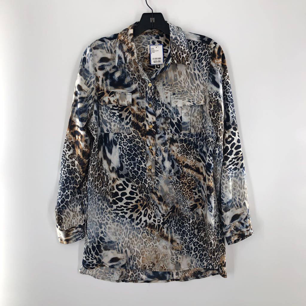 S animal print button front hi-lo l/s top