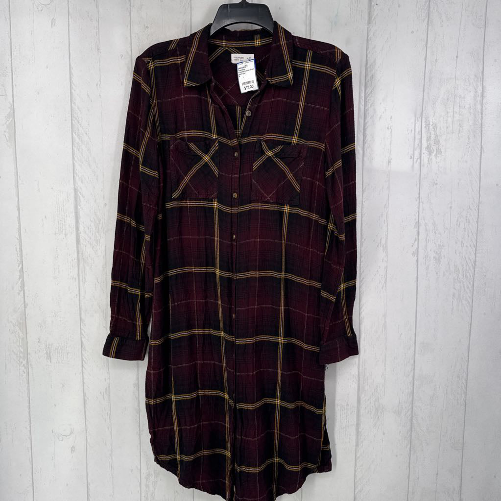 M plaid button front l/s dress