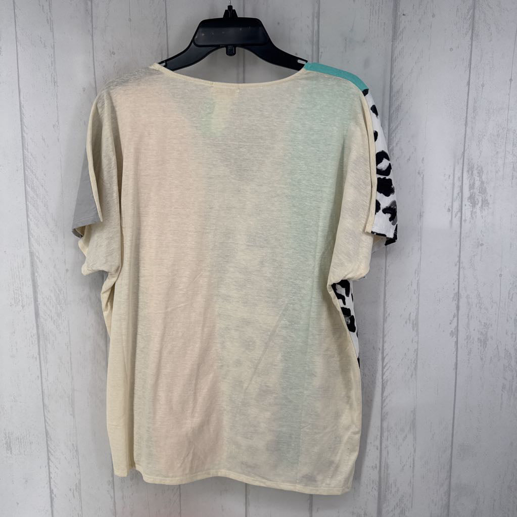 L s/s mixed media v-neck top