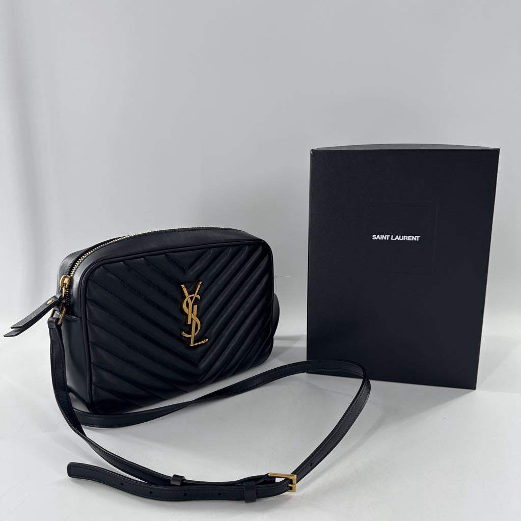 quilted leather camera bag w/ gold-tone hardware