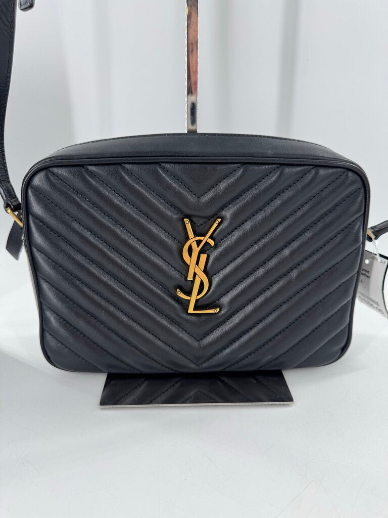 quilted leather camera bag w/ gold-tone hardware