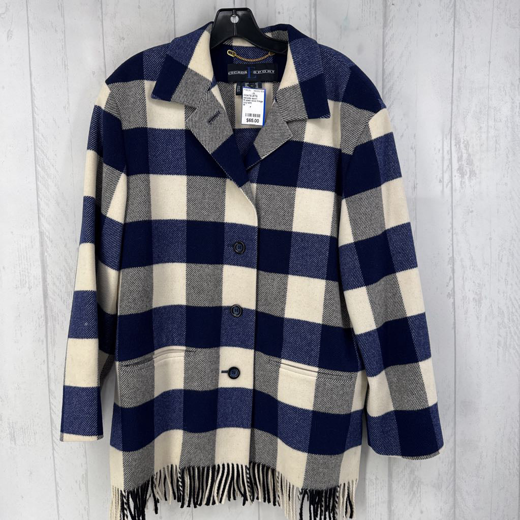 M plaid wool fringe coat
