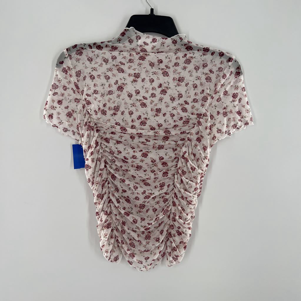 S mesh flo print ruched s/s top