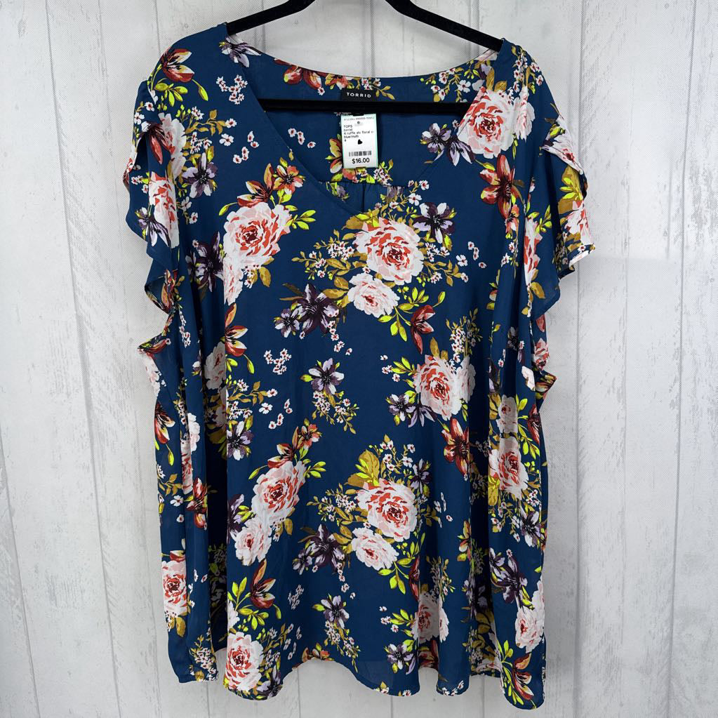 4 ruffle slv floral v-neck top