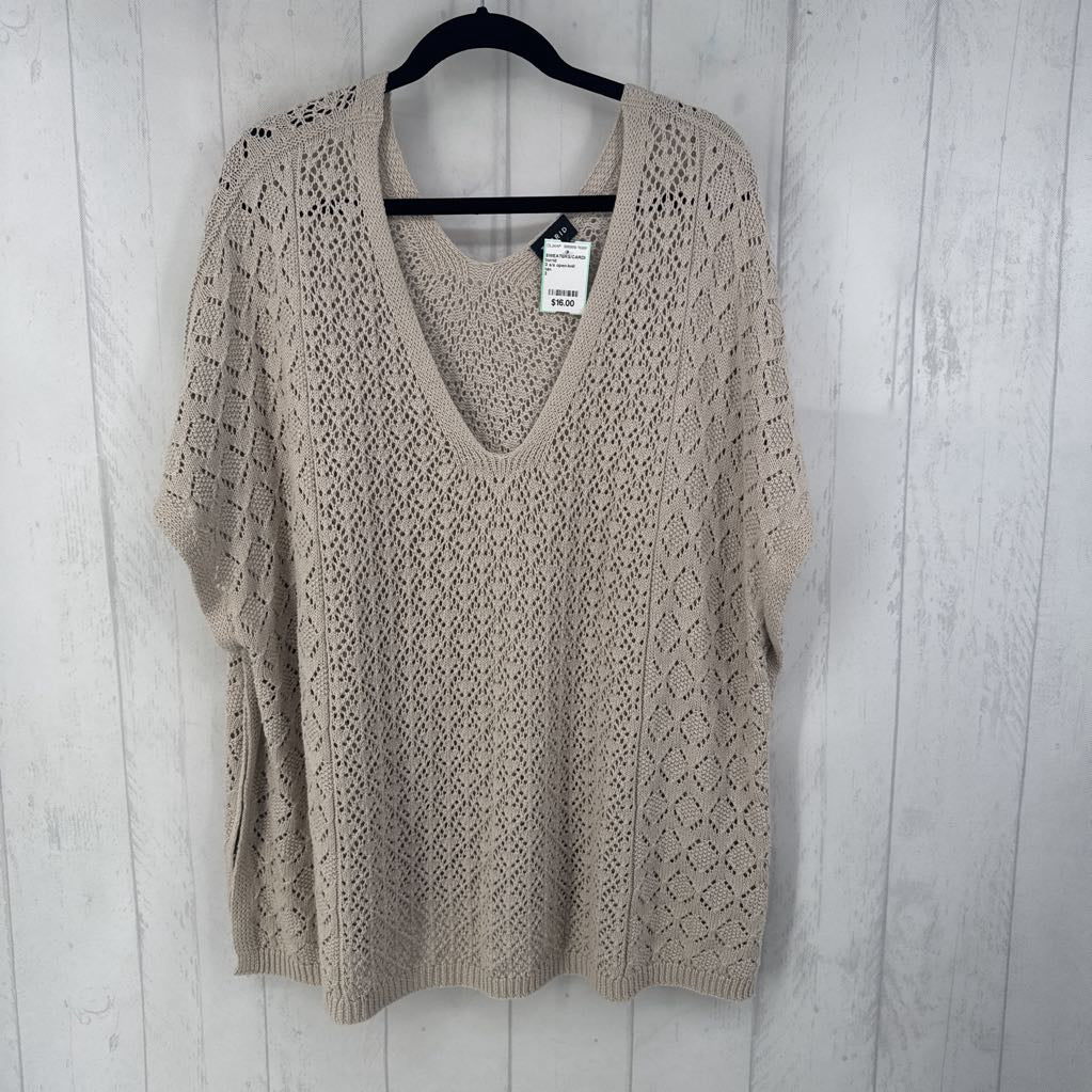 3 s/s open-knit crochet v-neck sweater