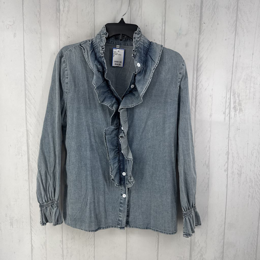 M denim ruffled button down l/s top