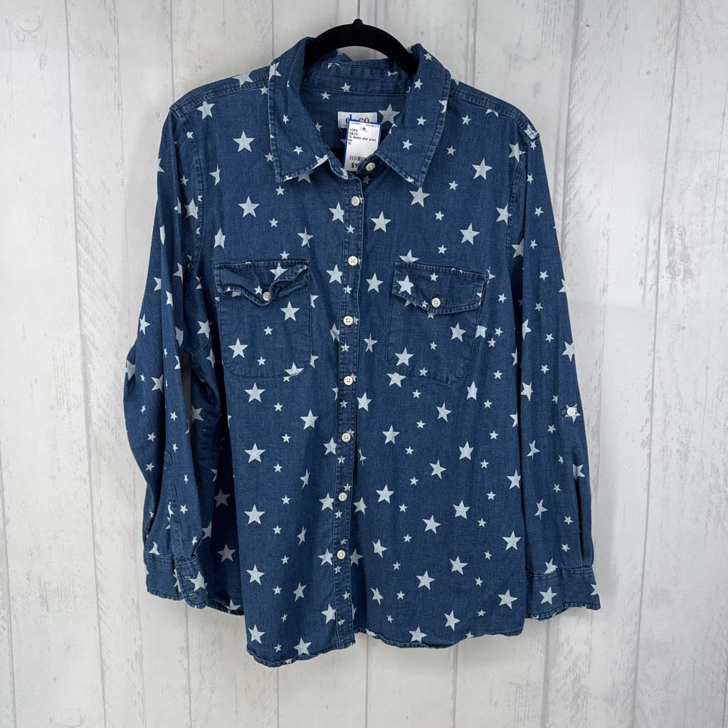 1X denim star print button down l/s top