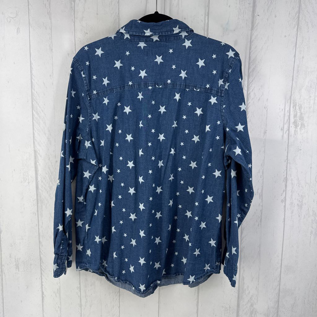 1X denim star print button down l/s top