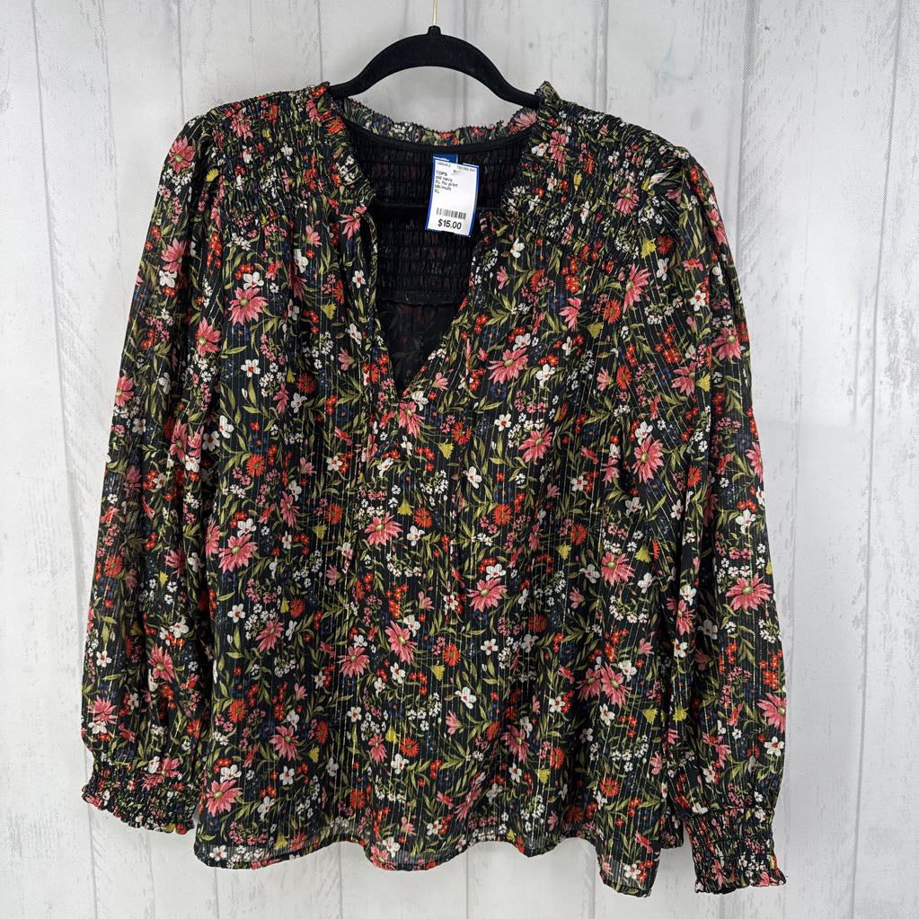 XL flo print smocked l/s top