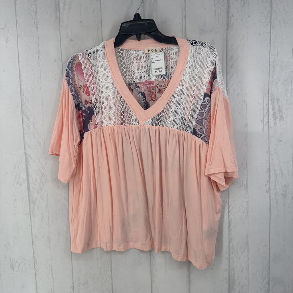 L s/s floral back v-neck top