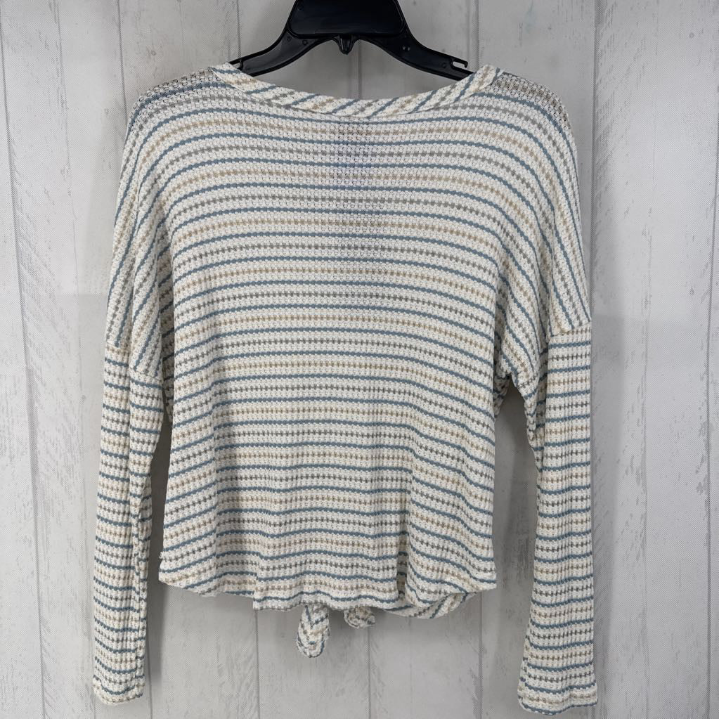 L waffle knit striped button front l/s top