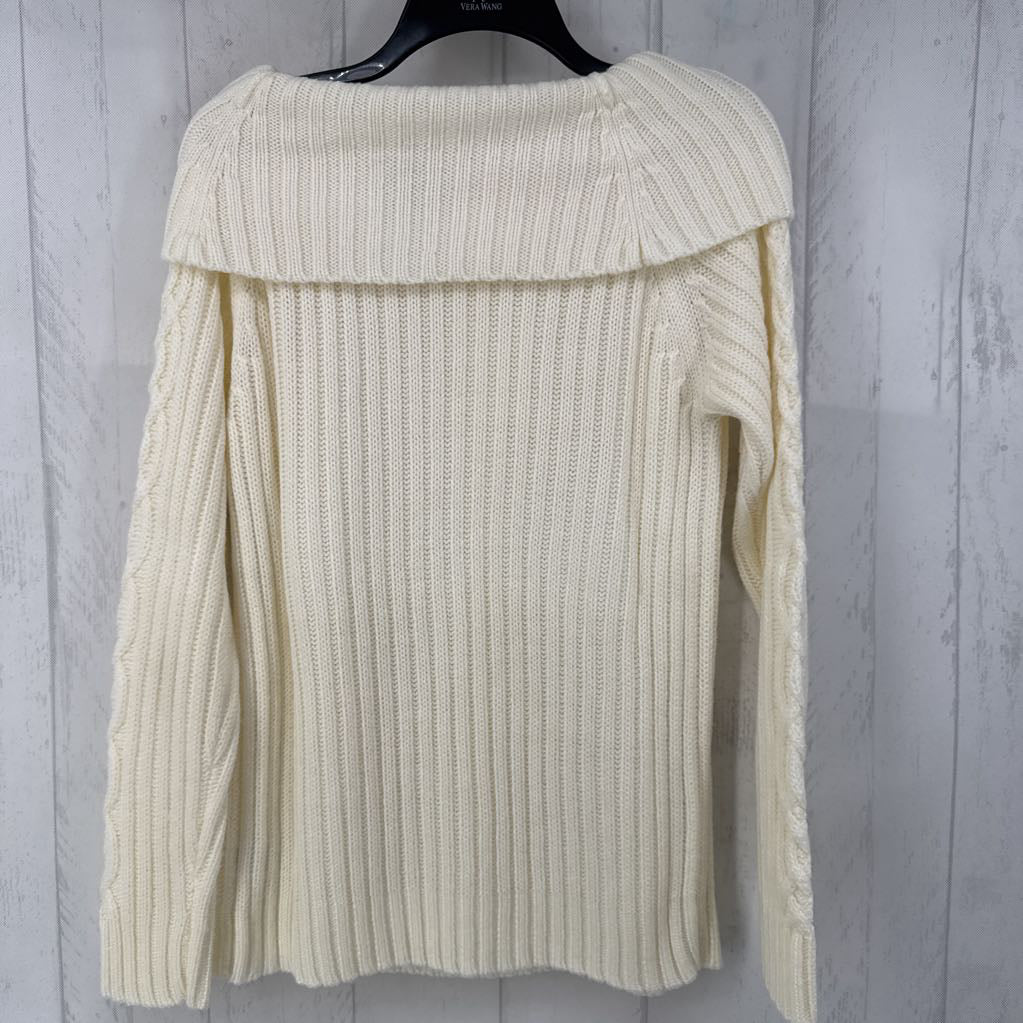M cable knit cowl neck sweater