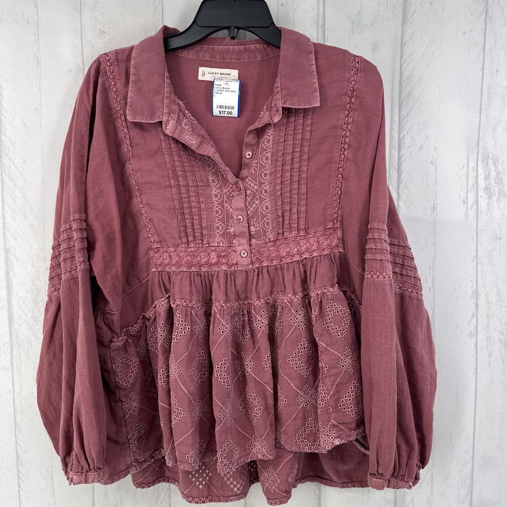 L eyelet smocked l/s babydoll top