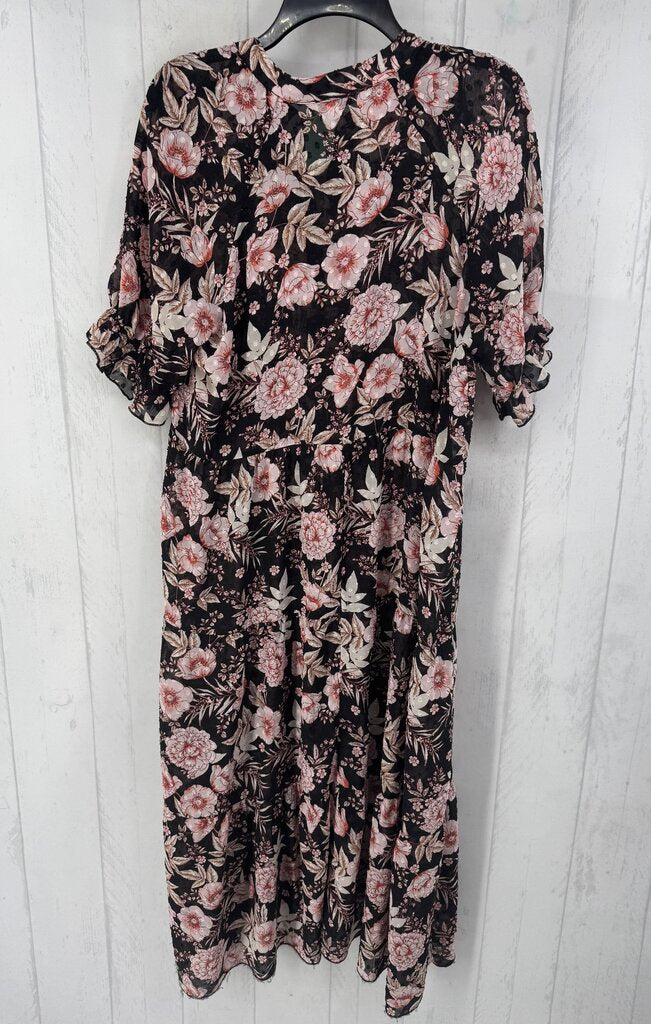 L s/s flower print sheer dress