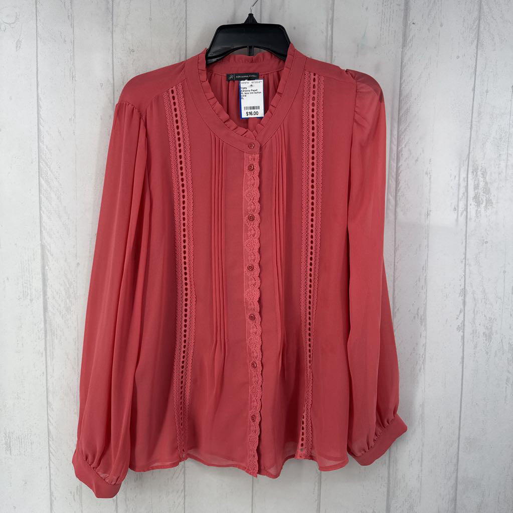 XL lace trim button down l/s top