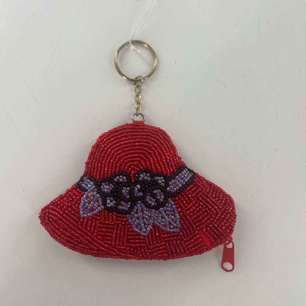 beaded red hat keychain pouch