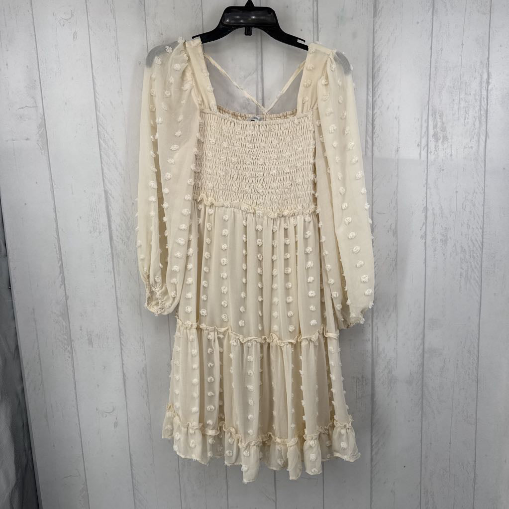 M puffy l/s textured dot pattern smocked dress