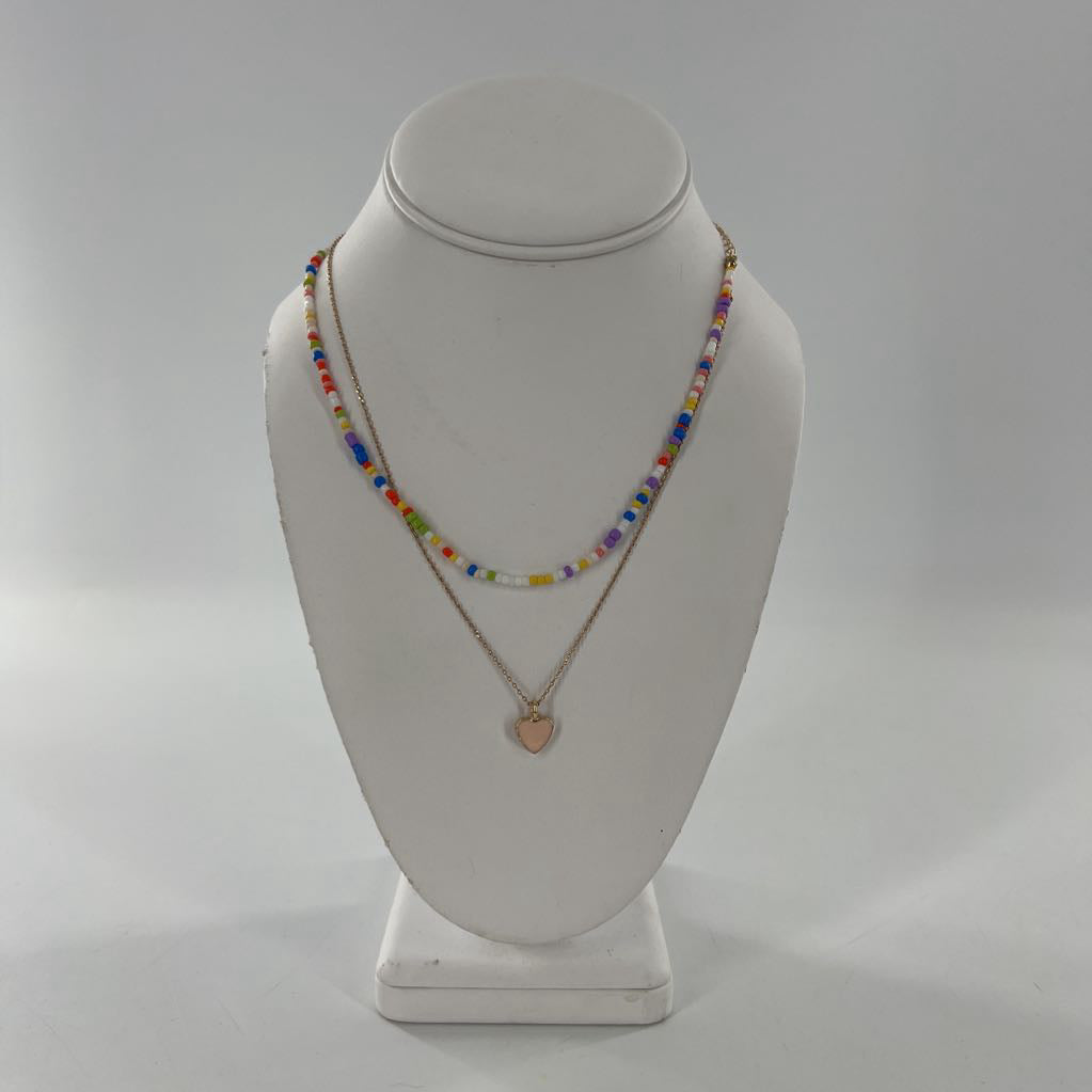 9" beaded double strand heart charm necklace