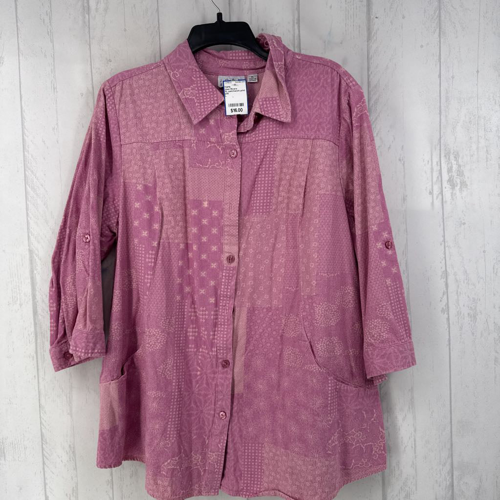 XL patchwork print button down 3/4 slv top