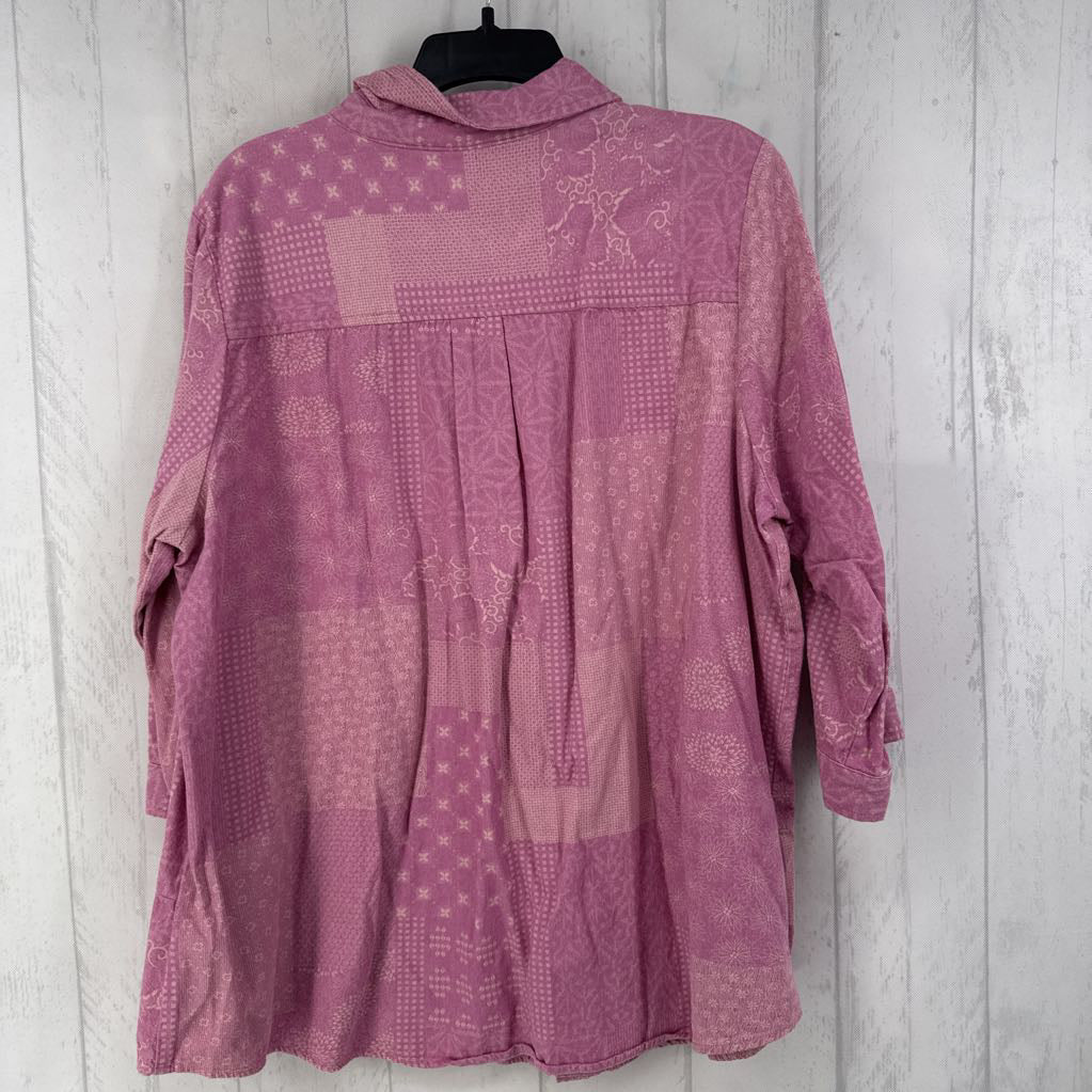 XL patchwork print button down 3/4 slv top