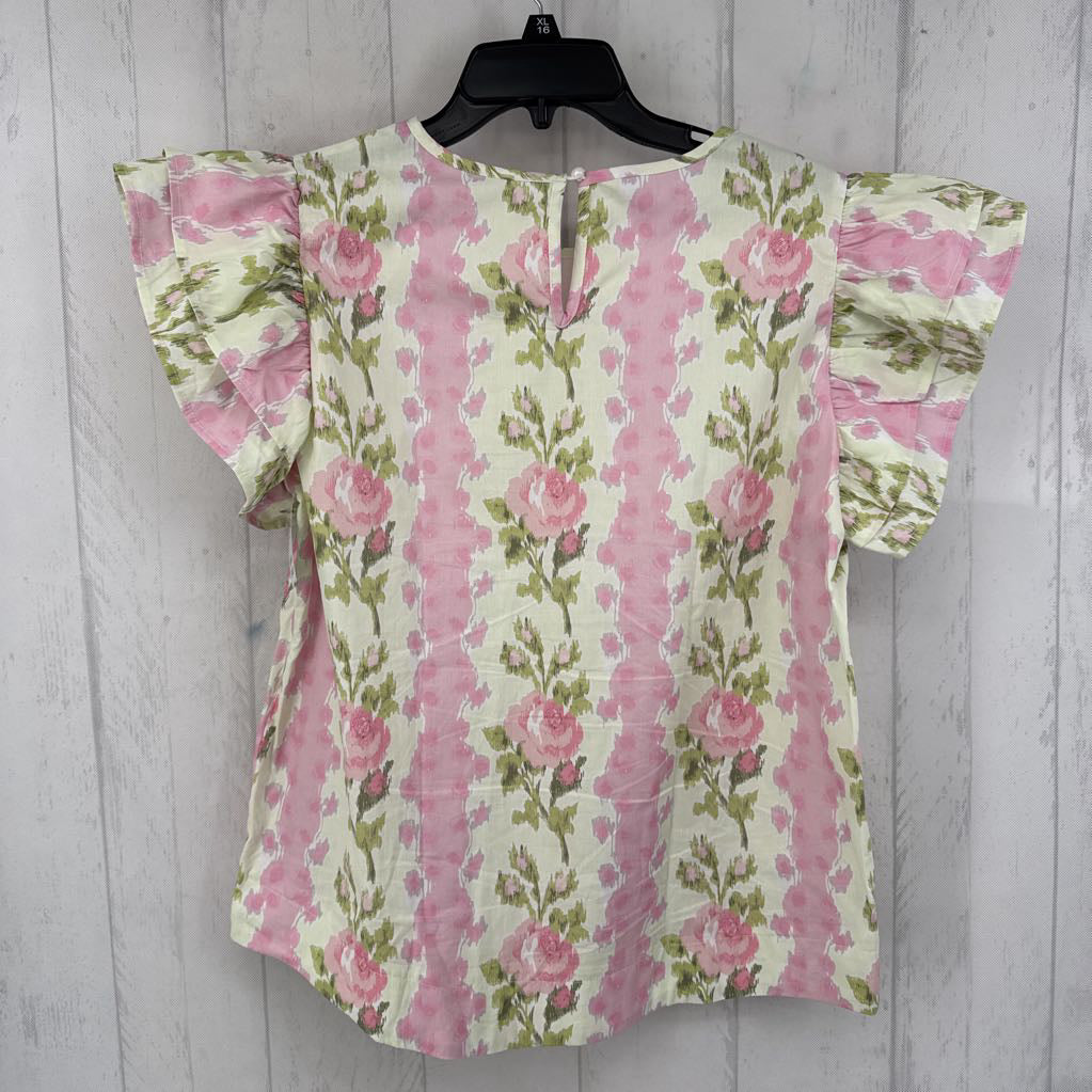 M ruffle slv rose print top