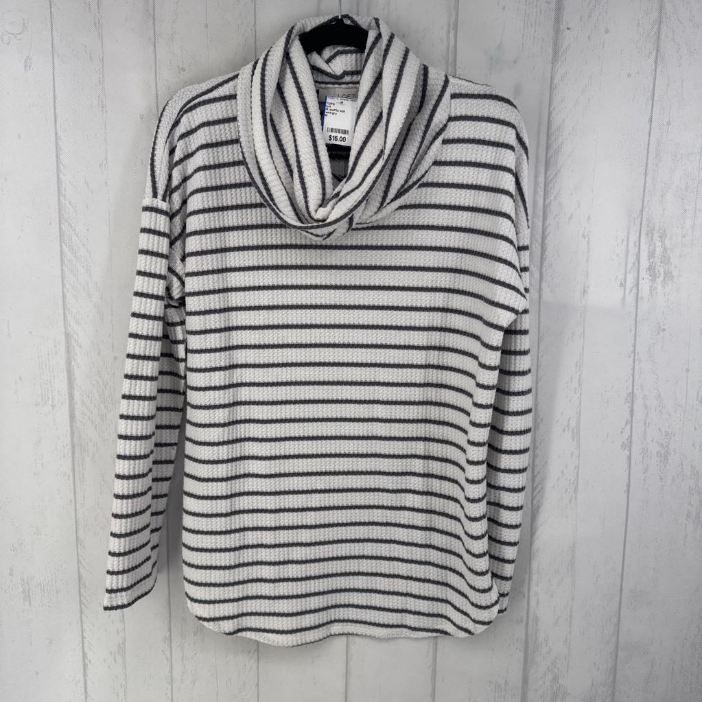 M waffle knit striped cowl neck l/s tunic