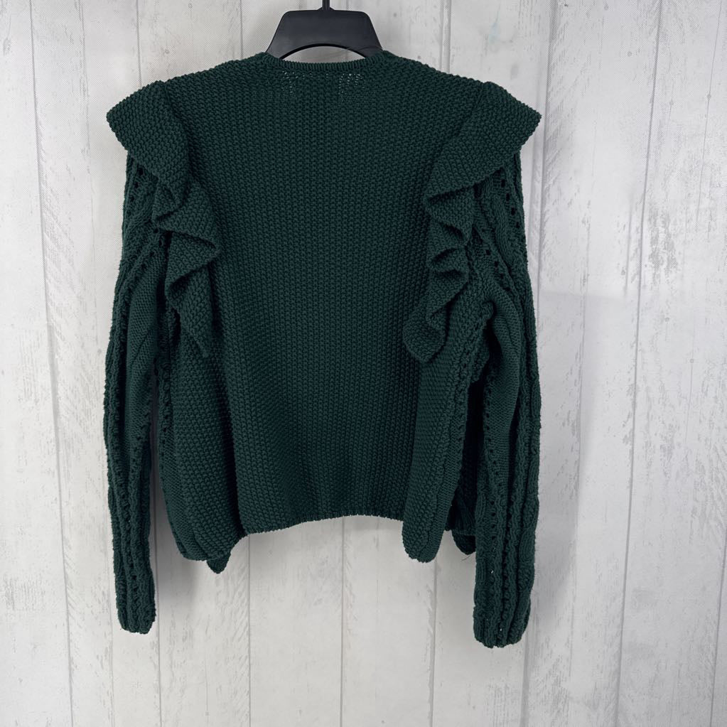 M ruffled open front cable knit cardi