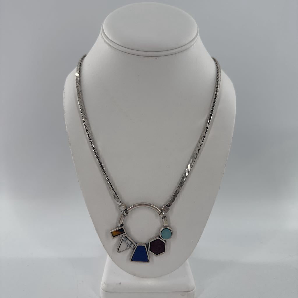 12" silver tone muliti-colored stones pendant neclace