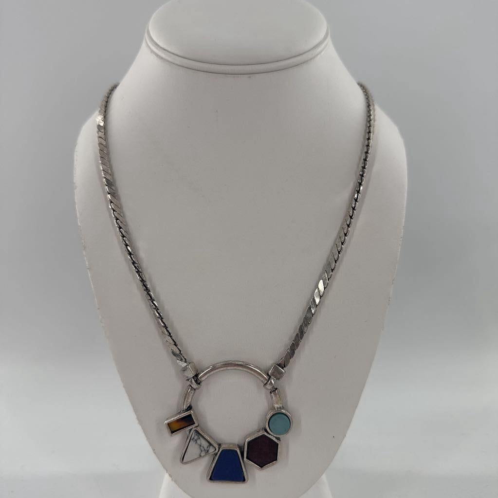 12" silver tone muliti-colored stones pendant neclace