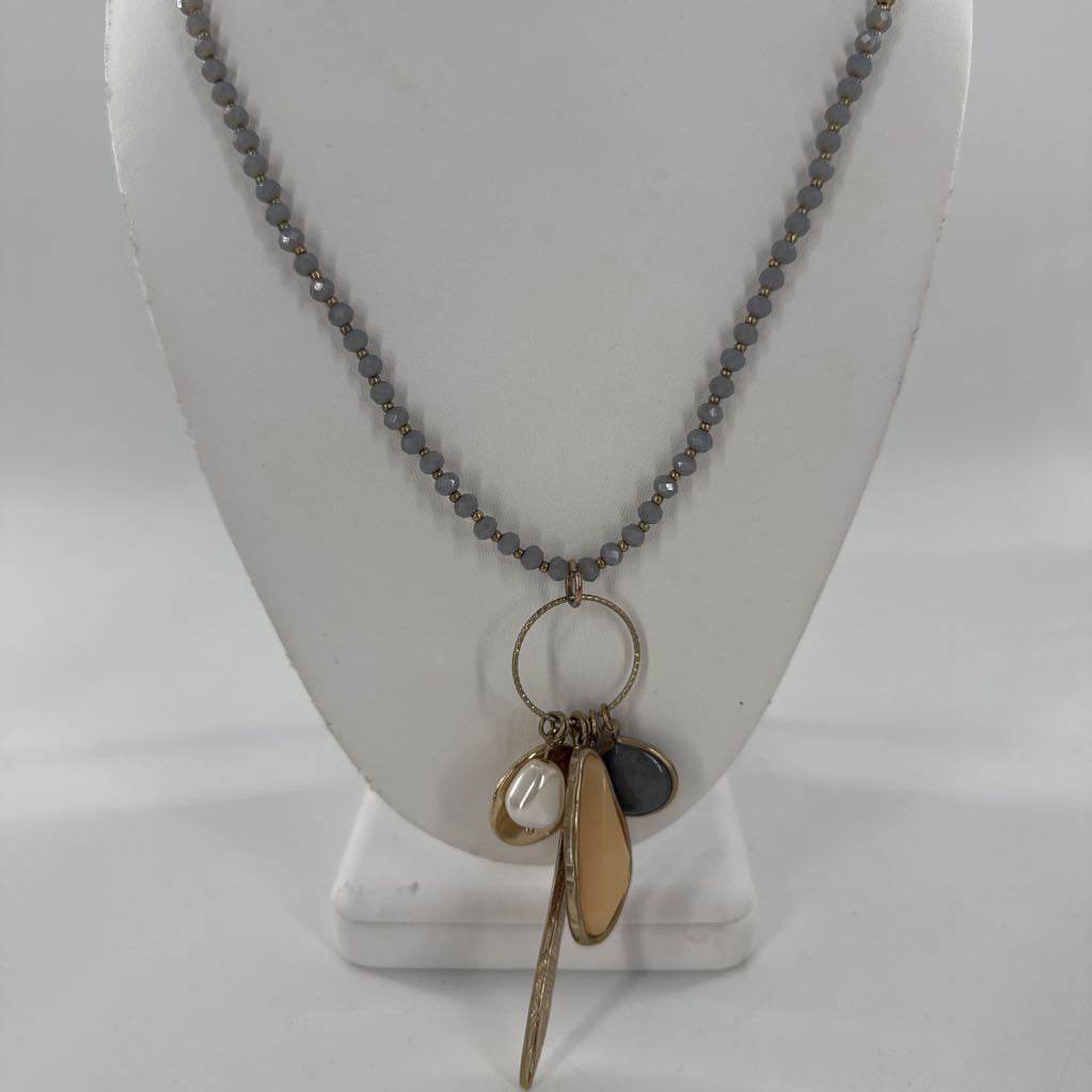15" grey beaded charm necklace