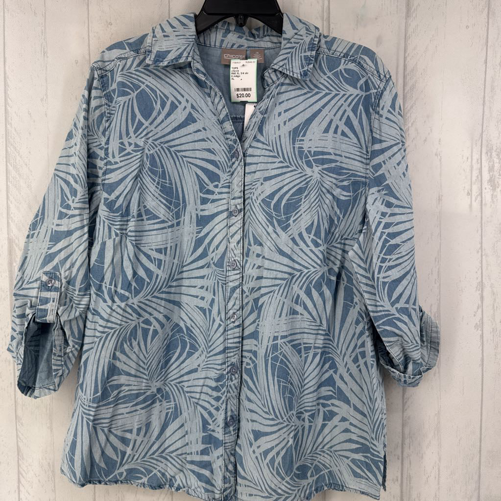 R60 XL 3/4 slv tropical leaves print button shirt