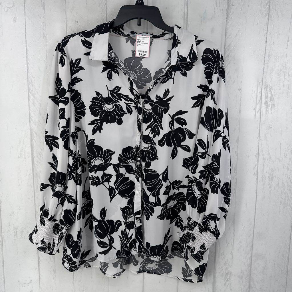 3X flo print button down l/s top