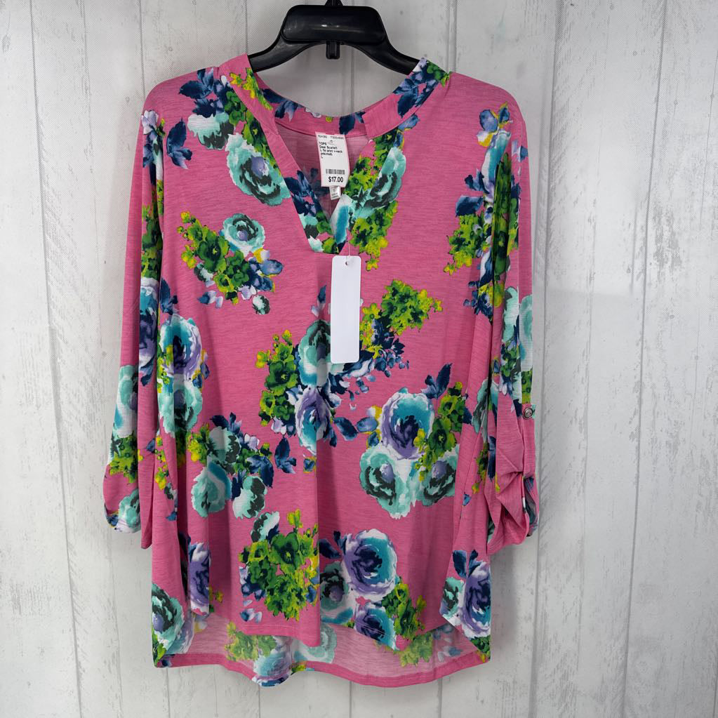 L flo print v-neck tab slv tunic