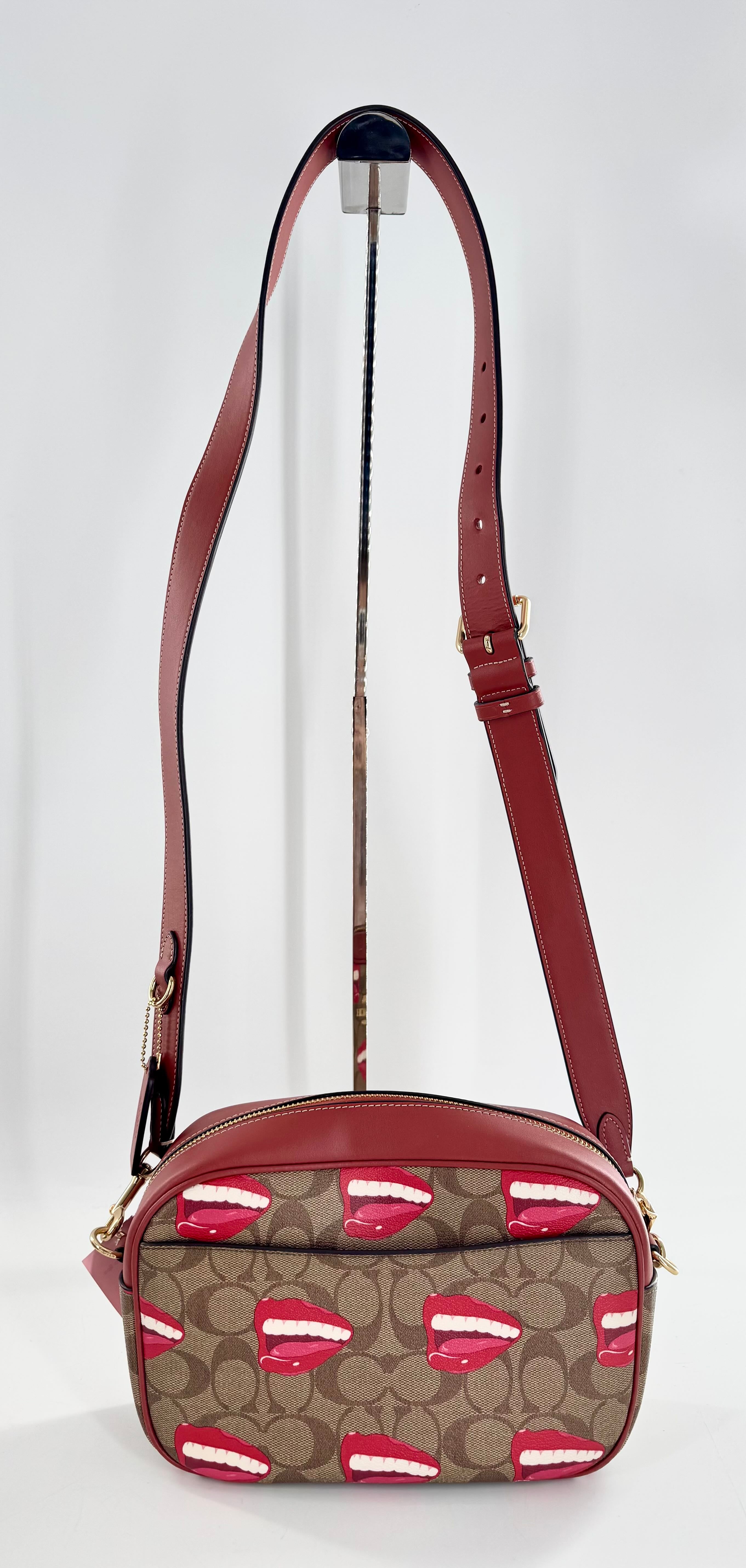 signature logo lips print camera bag