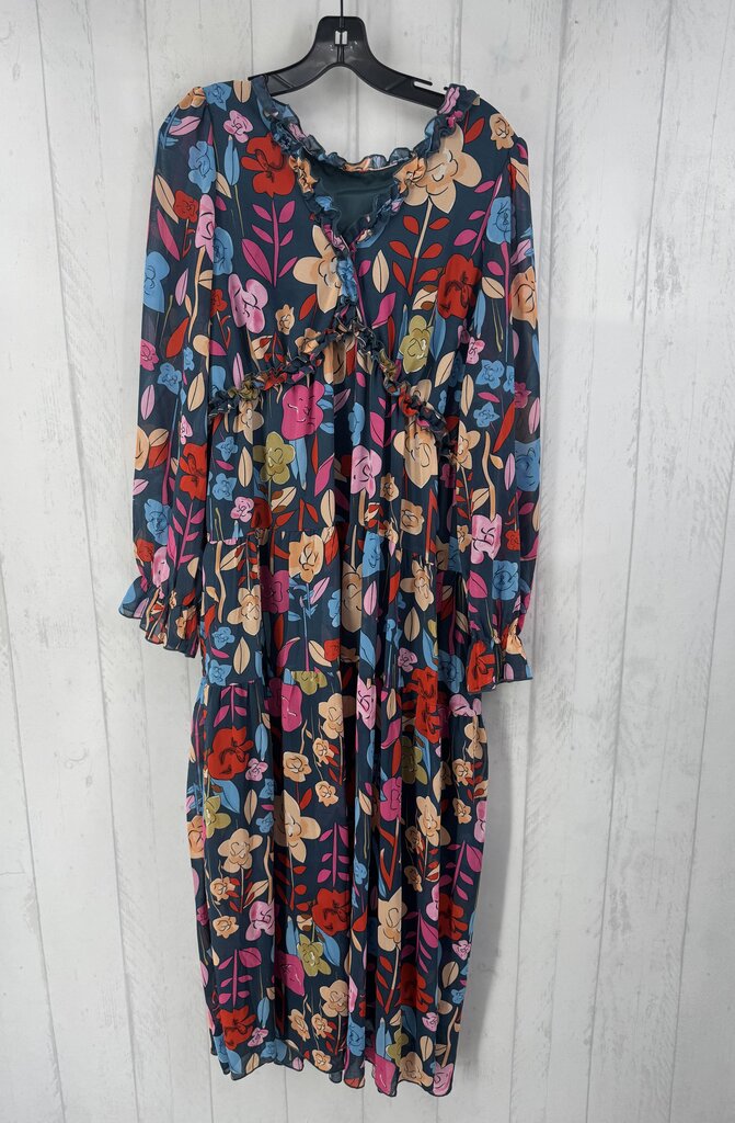 XL flo print v-neck tiered l/s dress