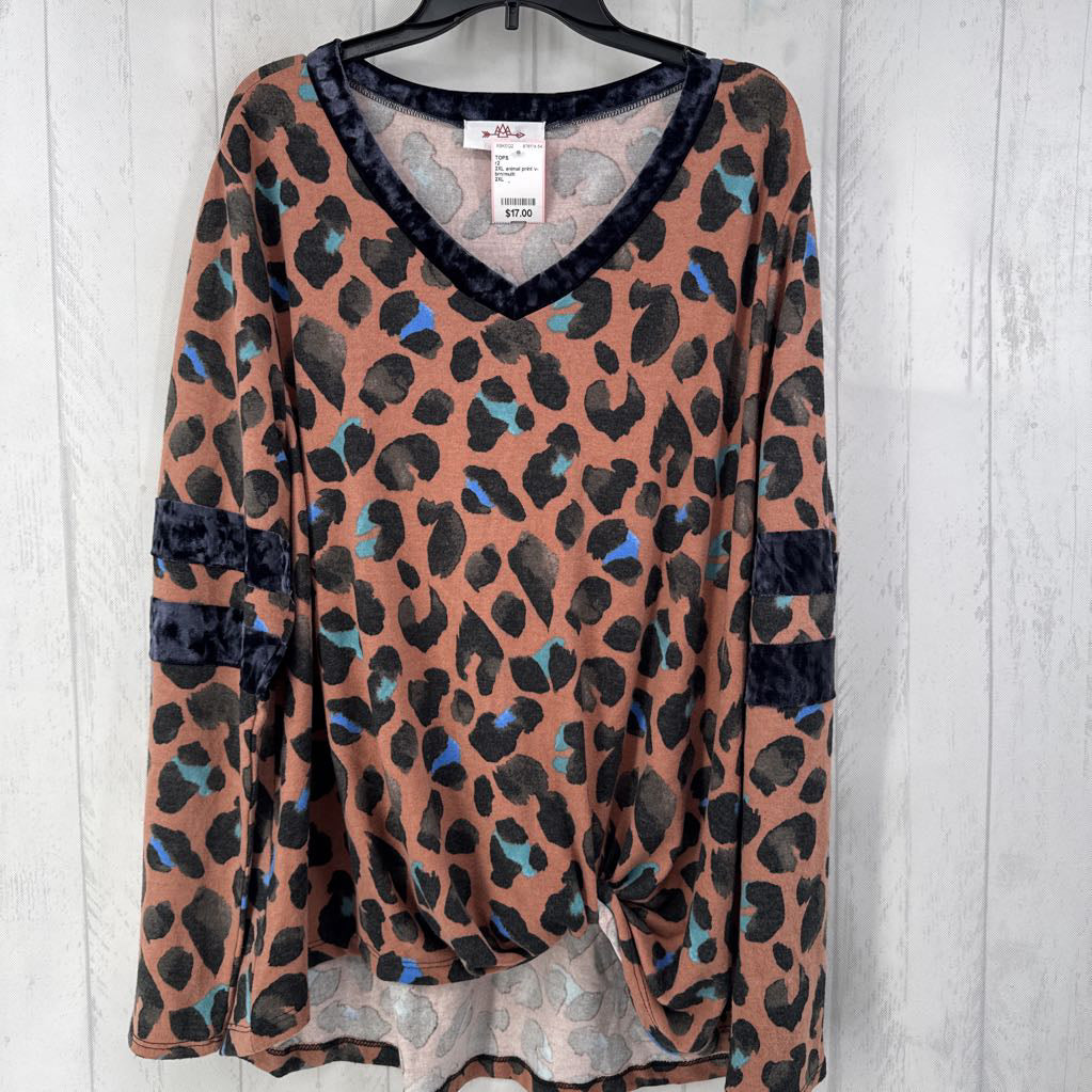 2XL animal print v-neck l/s top