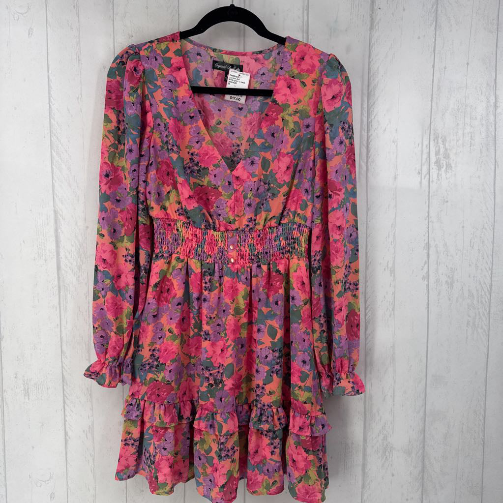 M flo print v-neck l/s dress