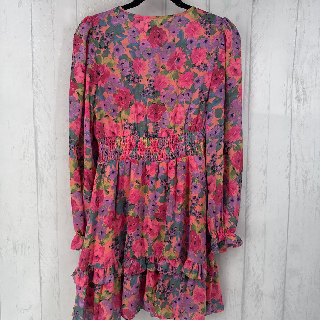 M flo print v-neck l/s dress