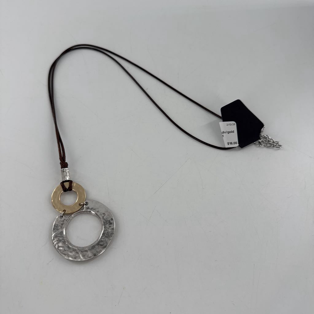 19" brn cord necklace w/ silv/gold round pendant