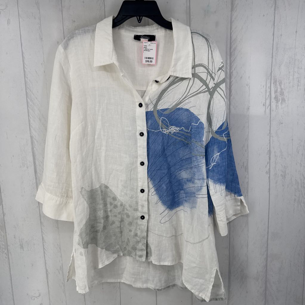 L abstract print button down 3/4 slv top