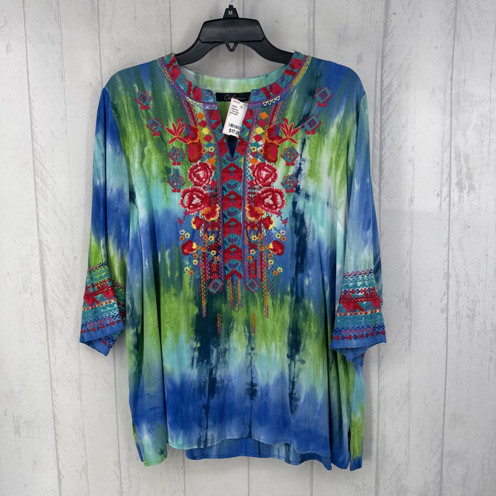 L tie-dye embroidered 3/4 slv top