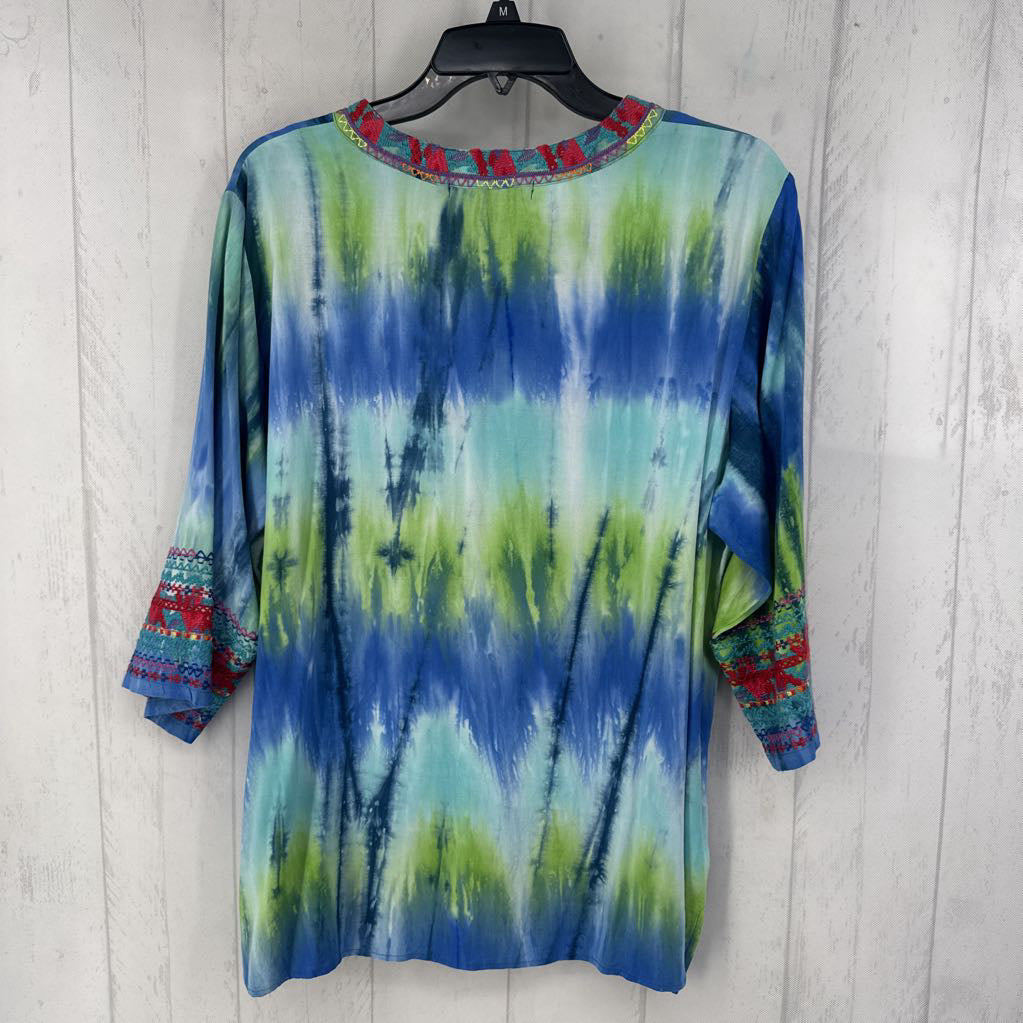 L tie-dye embroidered 3/4 slv top