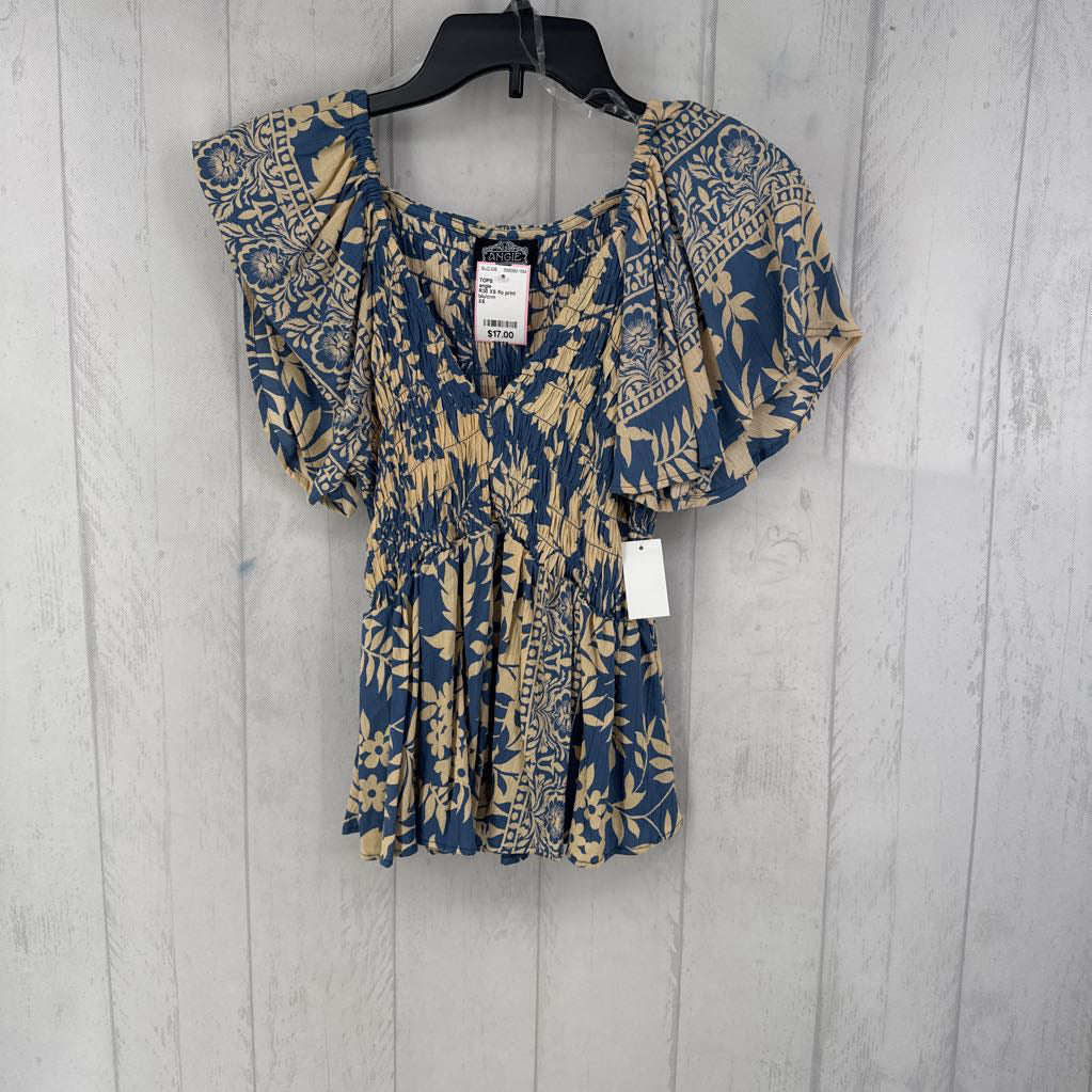 R30 XS flo print smocked s/s top