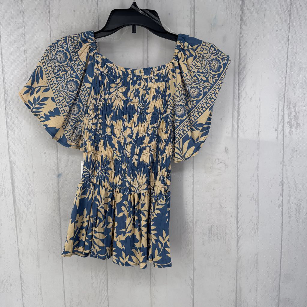 R30 XS flo print smocked s/s top