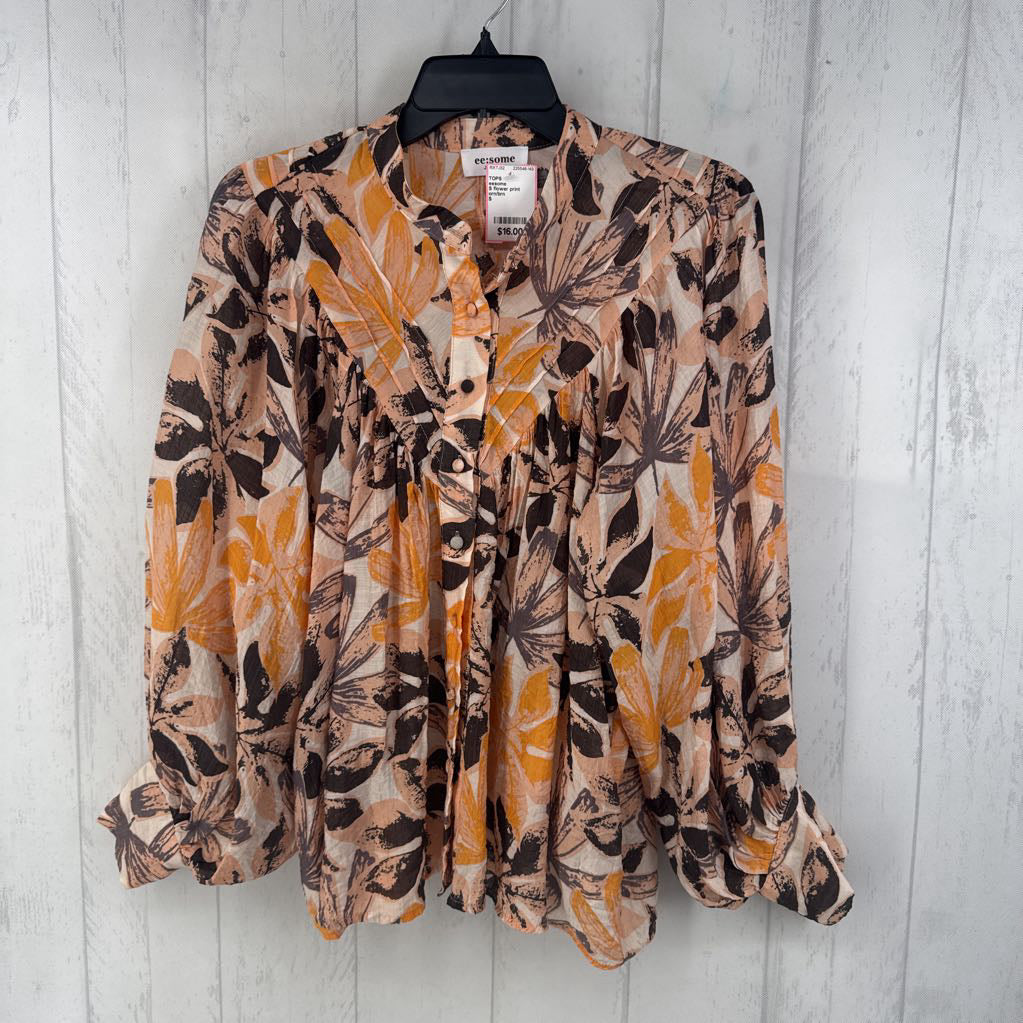 S flower print button pleated shirt