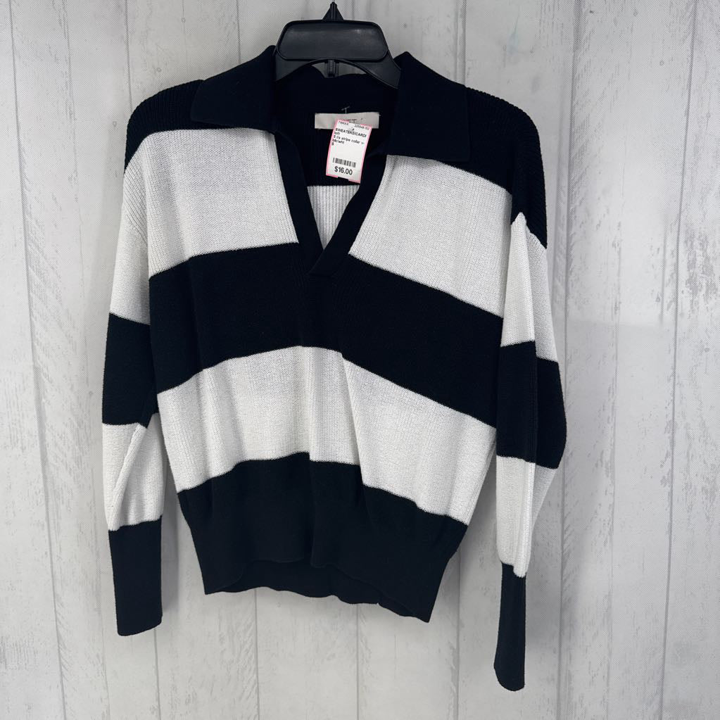 S l/s stripe collar v-neck sweater