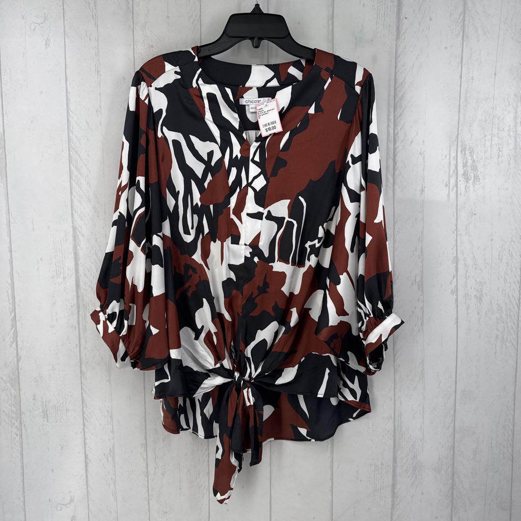 M 3/4 slv abstract print silky knotted top